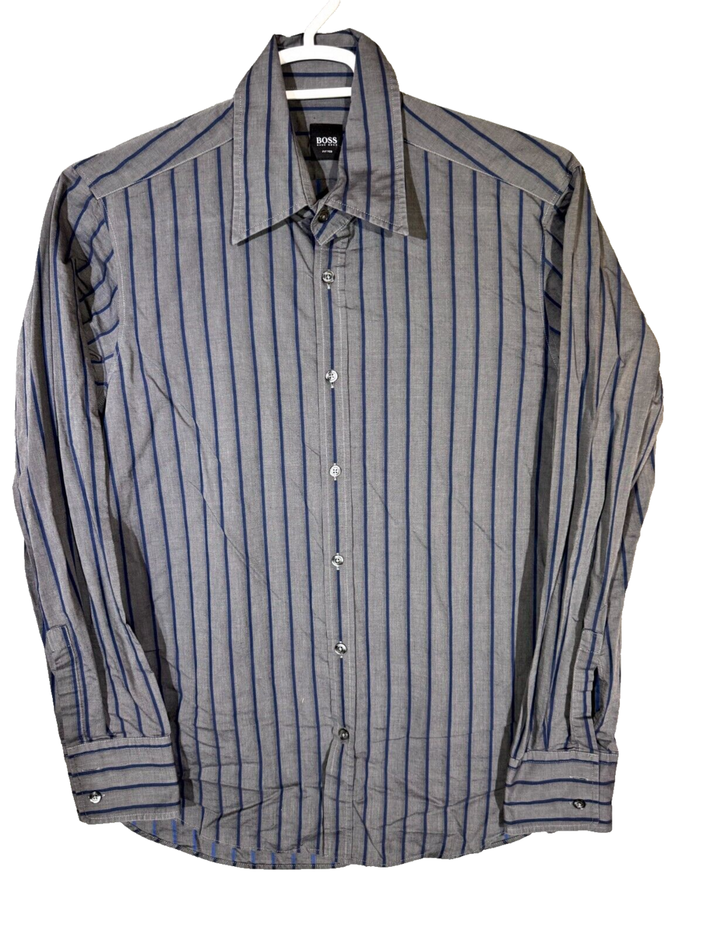 Hugo Boss Men’s Shirt Large Gray Stripe 100% Cotton Fitted Button-Up Excellent
